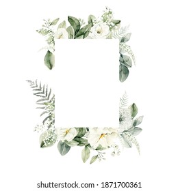 Watercolor floral wreath of greenery. Hand painted frame of white flowers,  green eucalyptus leaves, forest fern, gypsophila isolated on white background. Botanical illustration for design, print - Powered by Shutterstock