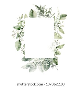 Watercolor floral wreath of greenery. Hand painted frame of white flowers,  green eucalyptus leaves, forest fern, gypsophila isolated on white background. Botanical illustration for design, print - Powered by Shutterstock