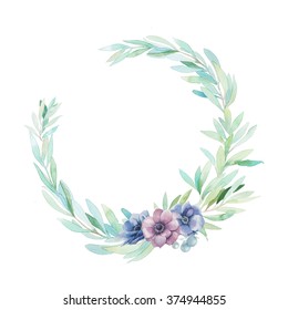 Watercolor Floral Wreath. Hand Painted Leaves Ring With Anemones And Berries. Round Label Frame Isolated On White Background. Natural Design Element