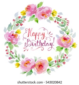 Watercolor Floral Wreath With Happy Birthday Lettering On White Background