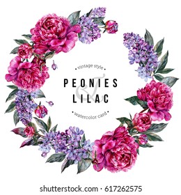Watercolor Floral Wreath made of Fuchsia Peonies, Purple Lilac Branches and Foliage. Botanical Illustration in Vintage Style. Wedding Decoration Isolated on White.