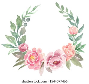 Watercolor Floral Wreath Beautiful Flowers Decoration Stock ...