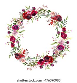 Watercolor Floral Wreath Purple Burgundy Roses Peonies Fall Flowers And Leaves Isolated On White Background.