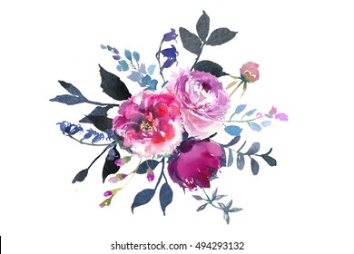 白い背景に水彩花柄の花輪は紫のピンクのバラの牡丹花と藍の葉 のイラスト素材 Shutterstock