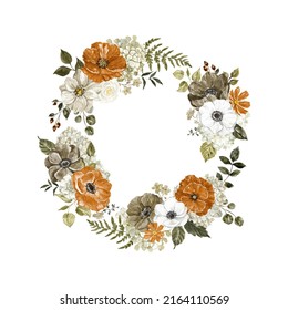 Watercolor Floral Wreath With Rust, Burnt Orange, Grey And White Flowers, Isolated Illustration. Beautiful Botanical Art. Fall-themed Design.