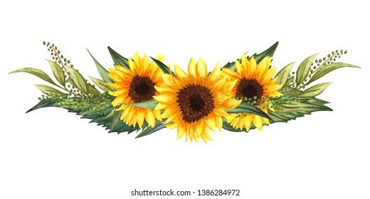Watercolor floral wreath with sunflowers, leaves, foliage, branches, fern leaves, and place for your text. Perfect for weddings, invitations, greeting cards, print. Autumn’s sunflowers bouquet.