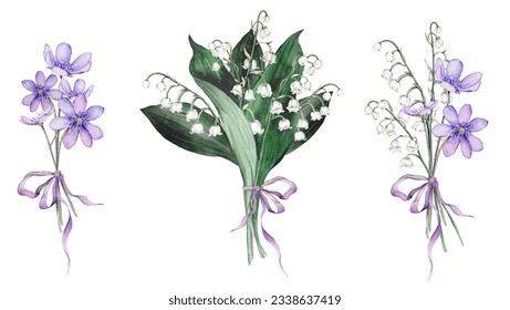 Watercolor flower arrangement with white bouquets of lilies of the valley and purple coppice. Isolated. Design for printing postcards, invitations to weddings, birthdays, spring and summer holidays - Powered by Shutterstock