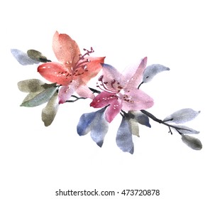 Watercolor flower background. Hand drawn nature painting art. Freehand sketching illustration. Ink wash painting. Vintage design for poster, greeting card, postcard, invitation, book, fashion fabric.