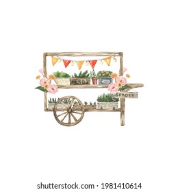 Watercolor Flower Bar Clipart. Flowers Cart Illustration Isolated On White Background. Summer Spring Floral Shop. Perfect For Card, Logo, Paper, Wrapping, Wedding And Other Design.