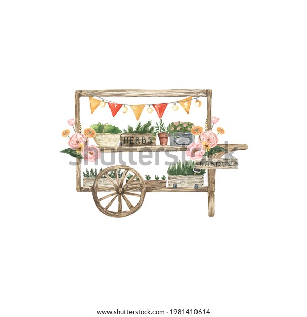 Watercolor\
flower bar clipart. Flowers cart illustration isolated on white\
background. Summer spring floral shop. Perfect for card, logo,\
paper, wrapping, wedding and other\
design.