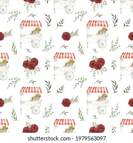 Watercolor Flower Bar. Roses, Peony And Foliage. Cart With Flowers. Greenery Botanic. Summer Spring Garden Floral Design. Perfect For Paper, Wrapping, Wallpaper And Other Design.