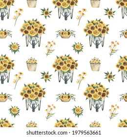 Watercolor Flower Bar. Sunflowers, Peony And Foliage. Cart With Flowers. Greenery Botanic. Summer Spring Garden Floral Design. Perfect For Paper, Wrapping, Wallpaper And Other Design.