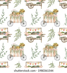 Watercolor Flower Bar. Sunflowers, Peony And Foliage. Cart With Flowers. Greenery Botanic. Summer Spring Garden Floral Design. Perfect For Paper, Wrapping, Wallpaper And Other Design.