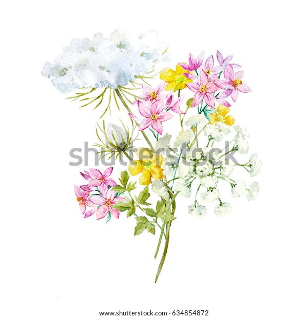 白い花のクイーン アンのレースに水彩の花のブーケ 黄バターカップ のイラスト素材 634854872