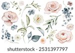 Watercolor Flower clip art leaves, flowers buds on isolated background. Hand-drawn set exotic illustration silhouettes plants. Botanical elements berries grape, green foliage for icon or logo.