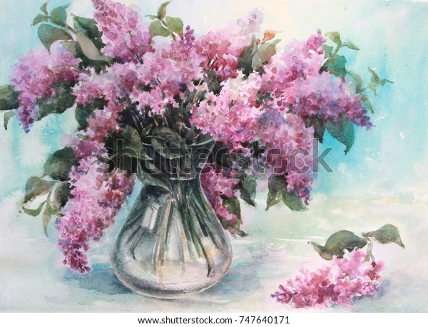 Watercolor Flower Composition Lilacs Glass Vase Stock Illustration