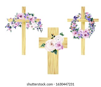 Watercolor Flower Cross, Wood Cross, Baptism, Floral Clipart, Hand Painted First Communion, Holy Spirit, Florals Arrangements, Easter cross