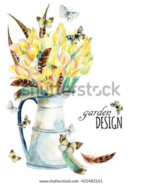 チューリップ 羽 蝶 小豆の壺を持つ水彩の花壇カード 白い背景にビンテージジャーに春の花 挨拶 招待状 ウエディングカードデザインの花柄のイラスト の イラスト素材