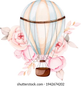 Watercolor Flower Hot Air Ballon Blue Pink Floral Baby Set On Isolated Background With Leaves And Branch. Scrapbooking Clipart