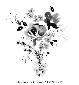 watercolor flower clipart black and white