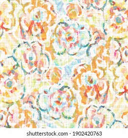 Watercolor Flower Motif Background. Hand Painted Earthy Whimsical Seamless Pattern. Modern Floral Linen Textile For Spring Summer Home Decor. Decorative Scandi Style Colorful Nature All Over Print