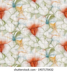 Watercolor Flower Motif Background. Hand Painted Earthy Whimsical Seamless Pattern. Modern Floral Linen Textile For Spring Summer Home Decor. Decorative Scandi Style Colorful Nature All Over Print