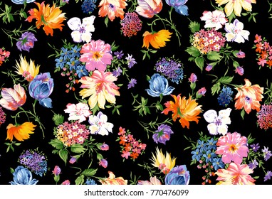 Watercolor Flower Pattern Black Background Stock Illustration 770476099 ...