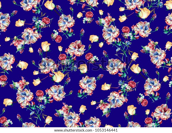 Watercolor Flower Pattern Navy Background Stock Illustration 1053146441