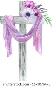 Watercolor Flower Wood Cross Easter Cross Stock Illustration 1673076475 ...