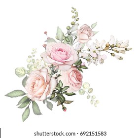 watercolor flowers arrangements. floral illustration. composition of flowers pink rose, Leaf and buds. Cute illustration for wedding or  greeting card.  branch of flowers isolated on white background
