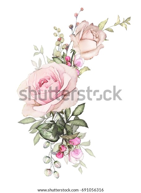 水彩花のアレンジ 花柄のイラスト ピンクのバラ 葉と芽の花の構成 結婚式やグリーティングカード用のかわいいイラスト 白い背景に花の枝 のイラスト素材