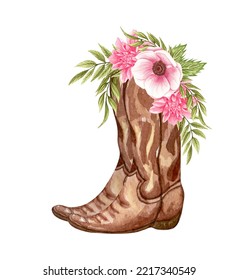 Watercolor Flowers In Boots. Cowboy Boots And Flowers. Farmhouse Rustic Clipart Isolated On White Background. Western Illustartion