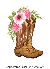 Watercolor Flowers In Boots. Cowboy Boots And Flowers. Farmhouse Rustic Clipart Isolated On White Background. Western Illustartion