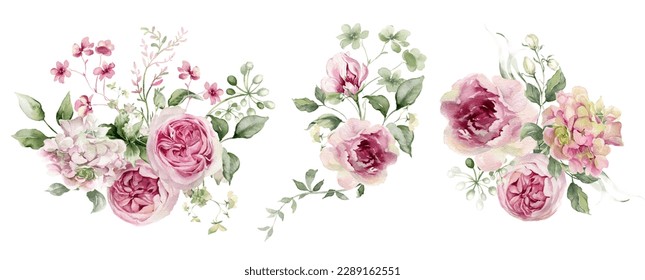 Watercolor flowers bouquet. Pink peony, rose, hydrangea. Floral arrangement for card, invitation, decoration. Illustration isolated on transparent background