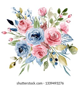 Watercolor Flowers Clip Art Pink Indigo Stock Illustration 1339493276 ...