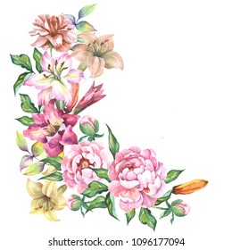 Watercolor Flowers Corner Pink Roses Stock Illustration 1096177094 ...