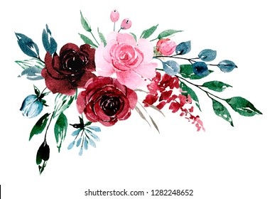 Red Coral Roses Leaves Hand Painted Stock Illustration 539950009