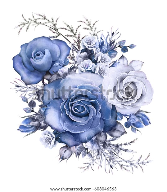 水彩花 花のイラスト 青いバラ 白い背景に花の枝 葉と芽 結婚式やグリーティングカード用のかわいい構図 のイラスト素材 Shutterstock