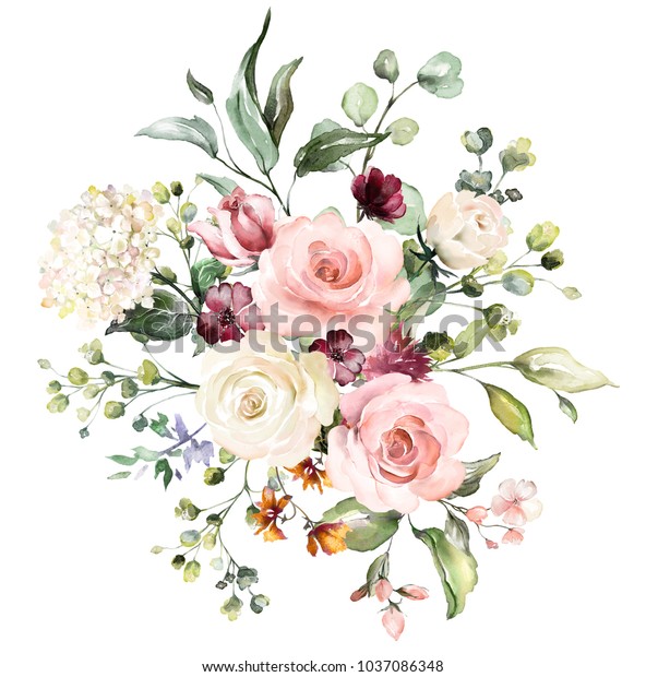 水彩花 花柄のイラスト 葉と芽 結婚式用のボタニック組成物またはグリーティングカード 花の枝 抽象的なバラ アジサギ のイラスト素材 Shutterstock