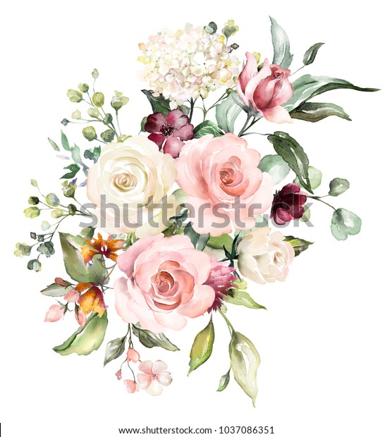 水彩花 花柄のイラスト 葉と芽 結婚式用のボタニック組成物またはグリーティングカード 花の枝 抽象的なバラ アジサギ のイラスト素材