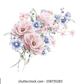 watercolor flowers. floral illustration in Pastel colors  rose. bunch of pink, blue flowers isolated on white background. herbs, Leaf. Cute composition for wedding or greeting card. romantic bouquet 