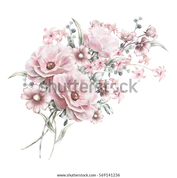 水彩花 パステル色の花柄イラストが立ち上がった 白い背景にピンクの花の束 葉と葉 結婚式やグリーティングカードにかわいい作文 ロマンチックブーケ の イラスト素材