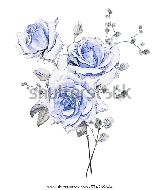 水彩花 パステル色の花柄イラスト バラ 白い背景に青い花の束 葉と葉 結婚式やグリーティングカードにかわいい作文 ロマンチックブーケ のイラスト素材 574269664