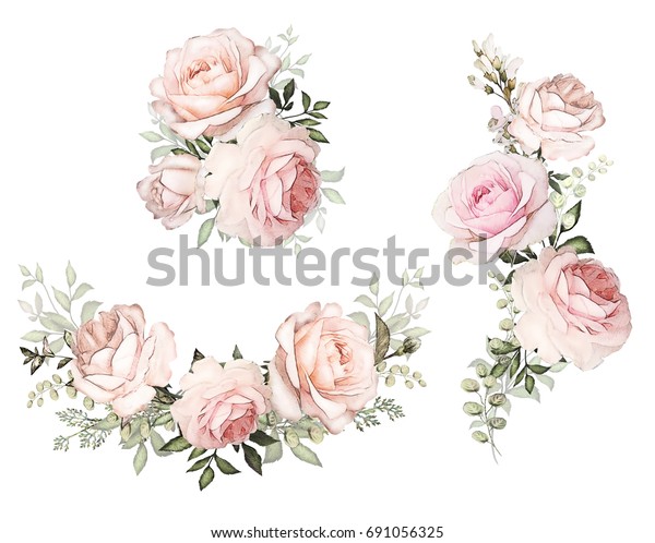 水彩花 パステル色の花柄イラスト ピンクのバラ 葉 芽の花のブーケ 結婚式やグリーティングカードにかわいい作文 白い背景に花の枝 のイラスト素材