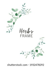Watercolor Flowers Frame. Spring Herbs. Line Art. Greenery. Eucalyptus Frame. Oval Frame. Wedding Invitation.