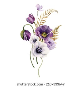 Watercolor Flowers Garden Bouquet. Hand Painted Botanical Illustration With Purple Flowers Isolated On White Background. Floral Composition For You Design