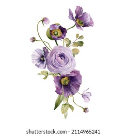 Watercolor flowers garden bouquet. Hand painted botanical illustration with purple flowers and foliage isolated on white background. Floral composition for you design - Powered by Shutterstock