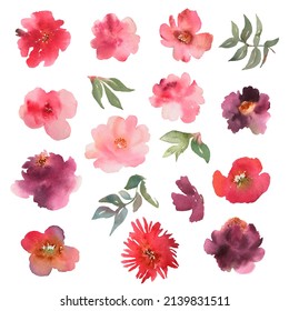 Watercolor Flowers hand drawn colorful beautiful floral set with yellow pink red blossom plants for cards prints and invitation. Watercolor texture. 