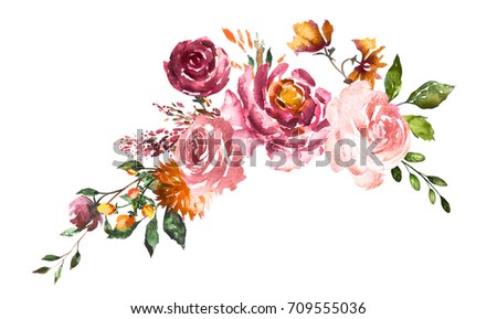 Watercolor flowers. Hand painted floral illustration. Bouquet of flowers rose. Design arrangement for textile or greeting card. Abstraction  branch of flowers isolated on white background. 