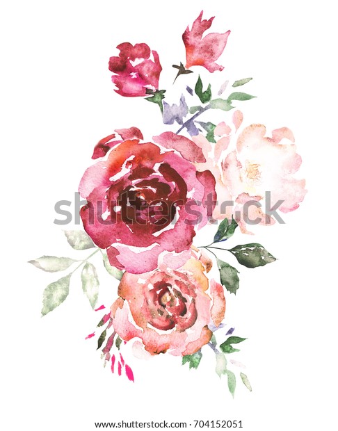 水彩花手绘花卉插画 花束粉红色的玫瑰 叶子 纺织品 贺卡的设计安排 花朵抽象分支在白色背景上隔离 库存插图